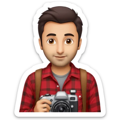 generate a pretty bratz emoji 
Make her look like Ranbir kapoor wearing a red flannel shirt, smirking and carrying a camera

he should look exactly  like ranbir kapoor!  sticker