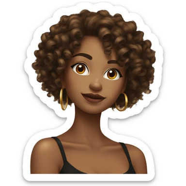 Girl with brown curly hair and higlights and long lashes wearing gold hoop earings in a spaghetti strap black top tan and pretty and skinny  sticker