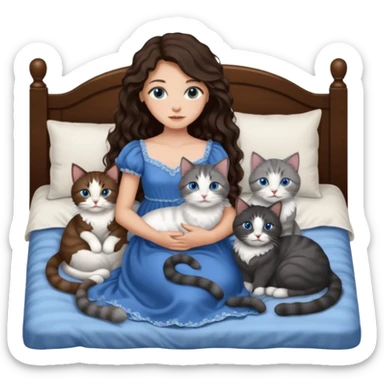 detailed realistic looking a dark grey and white cat regally laying with six other cats, cuddling with their owner in bed who is a pretty bratz lightly tanned white girl with long dark brown hair, blue eyes and gorgeous long wavy hair wearing a pretty detailed dress sticker