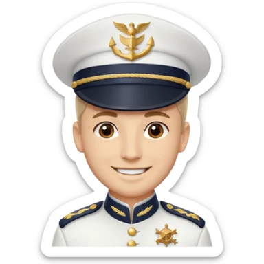 A light-skinned man with brown eyes, smiling while wearing a white captain’s hat with a navy emblem. sticker