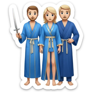 An upright Europe (a tall woman), wearing a blue, flowing robe with stars on the hem. In the background stands a man, with a knife
He has to stand behind her. the top of the knife to her back sticker