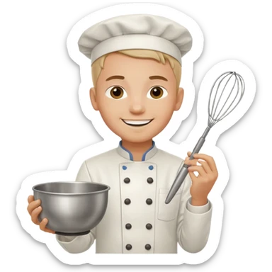Male Young Pastry Chef – smiling, holding whisk and mixing bowl. sticker