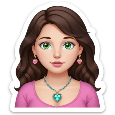 Girl girl long wavy dark brown hair with middle part, green/blue/gold eyes, plus size, pink girly top, right nostril rose gold nose ring, pink heart crystal necklace  sticker