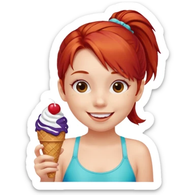 girl kid red haired swimsuit, eating ice cream, ponytail sticker