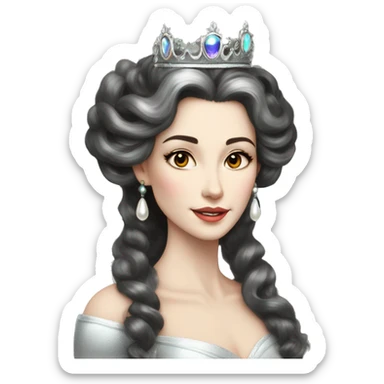 Regal pretty slender middle age woman photograph defined cheekbones high cheekbones crown vintage with very long iridescent black and silver hair wavy long hair pearl crown iridescent sticker