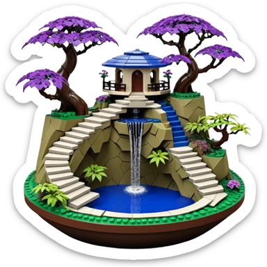 Alien saucer house jungle-vines Lego precarious narrow stairway fountain mountain-island landscape antique mudman very old broken cracked intricate Stone Age lapis-crusted irregular dodecagon-shaped shallow dark moss rough bark violet serissa flowered maple tree bonsai pot sticker