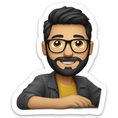Designer with black hair, beard and glasses working with MacBook and drinking cappuccino  sticker