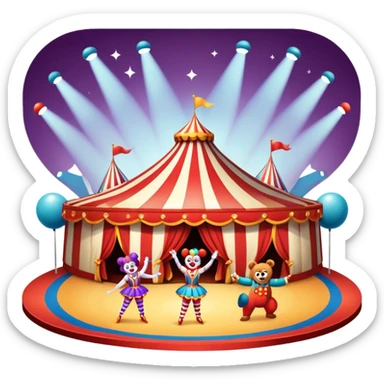 Icon for Circus Arts: a grand vibrant circus arena with girls acrobats, a clown, and performing bears. The icon should capture the excitement and energy of the circus, with colorful costumes and a lively atmosphere. Transparent background. sticker