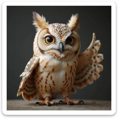 photorealistic owl with intelligent eyes, smiling and making the saranghae sign with its wing, detailed feathers, lifelike expression sticker