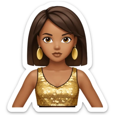 LeToya Luckett with long dark brown hair, gold sequin crop top  sticker