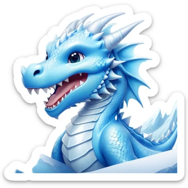 Cinematic Cute Yawning Beautiful Ice Dragon Portrait Emoji, Head tilted slightly with a dramatic, wide-open yawn, revealing a softly crystalline body with subtly drooping, frost-laden scales in cool blues and silvery hues, each detail rendered with natural icy finesse; high shine, relaxed yet elegant, styled with a dash of enchanted winter charm, soft glowing outline, capturing the essence of a sleepy yet graceful ice drake ready to stretch out and melt into a serene, frozen slumber! sticker
