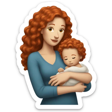 white woman long red curly hair holding bald infant sticker