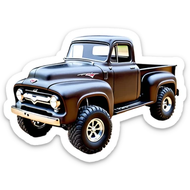 1:10 off-road lcg smoking rusting Arrma Traxxas Basher style Wednesday Adam’s 1954 blackened tarnished hotrod utility streamlined anime Ford extended cab rc bulging pickup (extra wide low-profile pin tires chrome wheels with fenders) sticker
