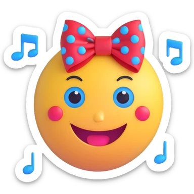 3D smiley emoji, large eyelashes, red polka dot bow, playful, winking, blue eyes, musical notes sticker