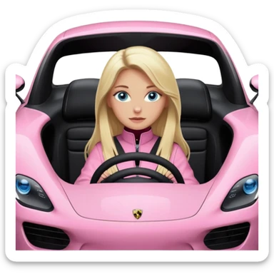 pink Porsche taycan with blonde girl, long hair, blue eyes, sitting inside the car, front view point of view, no sunglasses, sexy sticker