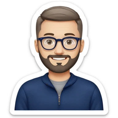 Fair-skinned man with oval face, extremely short tight haircut (very short on top, skin fade on sides), short salt and pepper beard, large black-framed glasses, smiling, wider body type, wearing navy blue long sleeve zip sweatshirt sticker