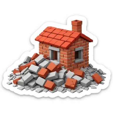 3D iPhone style emoji of a pile of bricks, roof pieces, and wall rubble, scattered and broken, isolated on white background, soft shadows, high detail, playful and cute sticker