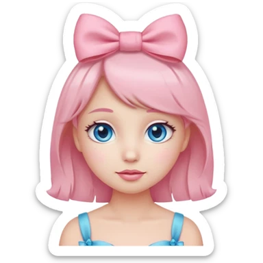 Cute coquette emoji, round face, big sparkling eyes, soft blush on cheeks, small pink bow on top of the head, pastel colors, simple vector style, transparent background


 sticker