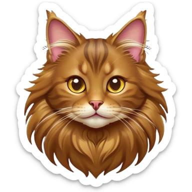 Cinematic Cute Brown Maine Coon Cat Portrait Emoji, Head tilted playfully with a touch of sass, sleek brown and gold fur with a majestic mane, Simplified yet hilariously adorable features, highly detailed, glowing with a warm, confident glow, high shine, mischievous yet lazy, stylized with a touch of playful whimsy, bright and endearing with a comical expression, soft glowing outline, capturing the essence of a quirky yet loving and lazy kitty, so meme-worthy it feels like it could stretch out of the screen and demand attention in the most dramatic way! sticker