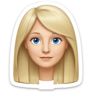 50 yr old white woman, curtain bangs, very long straight blond hair, oval face, small smile, blue eyes, thin face, hair down to elbows, round cheeks, pale, longer hair sticker