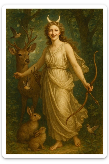 Diana, goddess of the hunt, cheerful, with flowing robes, bow in hand, surrounded by forest animals, crescent moon on her head sticker