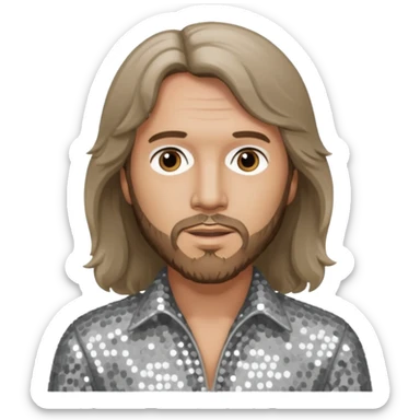 Barry Gibb from Bee Gees with light grey sequin outfit, long brown hair sticker