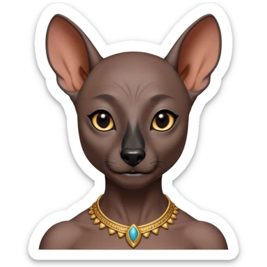 Cinematic Noble Xoloitzcuintle Portrait Emoji, Poised and regal, with a sleek, muscular build and smooth, hairless ebony skin accented by subtle wrinkles, deep-set soulful dark eyes, Simplified yet sharp and sophisticated features, highly detailed, glowing with a soft, dignified glow, high shine, intelligent and loyal, stylized with an air of ancient grace, focused and attentive, soft glowing outline, capturing the essence of a watchful and confident guardian, so majestic it feels as though it could stride out of the screen with effortless authority! sticker