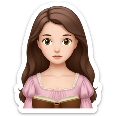  white long brunette hair girl with hazel eyes in light pink reading Pride and Prejudice sticker
