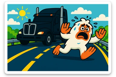 Add clear road stripes to the highway, keeping the small, scared abominable snowman in front of the black semi truck, both on the same side of the road with a guardrail and the semi at a 45-degree angle. Maintain the bright, distant highway view. The style should remain consistent with the original image's look and feel. sticker