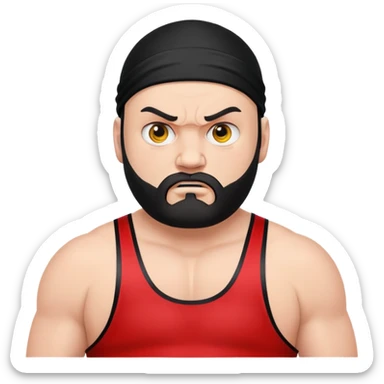 White skin fat guy with prominent black durag, black beard, black eyes in a red and black wrestling singlet with angry face sticker