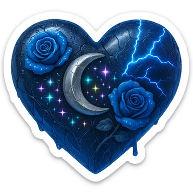 Edit the image to depict a blue gothic heart made of deep blue glass with a silver crescent moon, midnight blue roses, holographic stardust, neon lightning, drenched look, and splintered glass texture. The style should resemble 3D emoji style. Remove the background. sticker