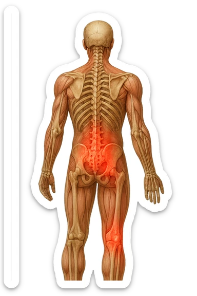 corpo umano anatomico con mal di schiena e al ginocchio, iperrealiùstico 4k sticker