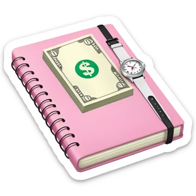 Libreta rosa, reloj blanco y un dolar sticker