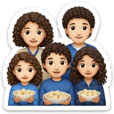 Can you create an emoji of three 23 year olds eating dumplings. One boy with wavy curly hair and one Jewish girl with long dark brown curly hair and one half Indian / half white girl with mid length dark brown hair. All brown eyes sticker