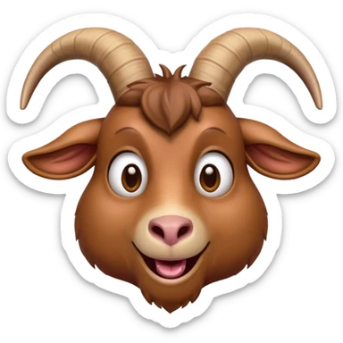 Cinematic Comical Brown Goat Portrait Emoji, Head tilted dramatically with an exaggeratedly amused expression, featuring a sleek brown fur with distinct, quirky curved horns, wide, expressive eyes filled with playful disbelief, Simplified yet hilariously expressive features, highly detailed, glowing with a slightly sassy glow, high shine, dramatic yet playful, stylized with an air of cheeky mischief, bright and endearing, soft glowing outline, capturing the essence of a spirited and over-the-top goat, so meme-worthy it feels like it could side-eye its way into internet fame instantly! sticker