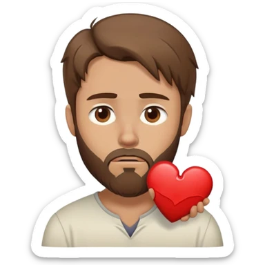 White man with brown hair and beard holding a broken heart with anxiety and begging. profile view sticker