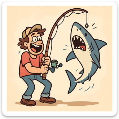 a man excitedly holding a fishing rod, a large shark dangling from the hook, playful cartoon style, dynamic and colorful sticker