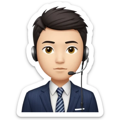 gay young Asian man with light skin, short dark hair styled upward with a sharp spiked swoop in front, slightly narrowed almond-shaped eyes with a confident, knowing squint, a clean-shaven face, and a sleek single-ear headset, wearing a dark pinstripe suit with a patterned shirt tie sticker