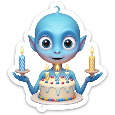 A cute friendly alien holding a birthday cake with candles, big expressive eyes, bright colors, cartoon style, playful atmosphere, 3D animated look, Pixar-inspired, highly detailed
 sticker