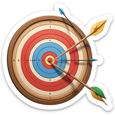A bow with an arrow drawn back, aimed at a target with concentric rings. The background suggests a calm, outdoor archery range, emphasizing the precision, focus, and skill required in archery as a competitive sport. sticker