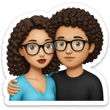 light skin girl with dark brown hair kissing a light skin guy that is a bit darker than her with curly hair and black glasses sticker