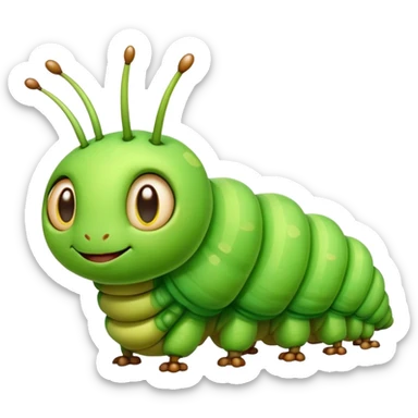 Cinematic Realistic Cute Caterpillar Portrait Emoji, Head tilted playfully and inquisitively, featuring a compact, segmented body in bright, vibrant green with delicate, inviting textures and a charming, rounded face with sparkling eyes full of curiosity, rendered with lifelike detail and natural highlights, high shine, affectionate and spirited, styled with a touch of garden whimsy, soft glowing outline, capturing the essence of a mischievous yet lovable caterpillar that seems poised to crawl cheerfully into your arms! sticker
