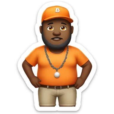 Fat man with no shoes or socks, a baseball cap, and orange shirt on. He is also a game streamer. sticker