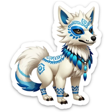 Furry cute colorful exotic tribal feral anime-styled Fakémon-Pokémon-animal-creature with a white wolf-skull-head-mask-face, and blue feathers around neck, with long furry ears, long furry tail, 4 legs, (full body), with intricate pattern-markings sticker