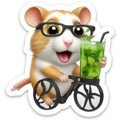 hamster with glasses running on a wheel drinking mojito sticker