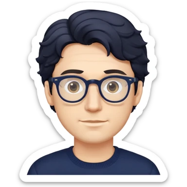 Caucasian male with wavy black hair wearing eyeglasses and a dark navy blue long sleeve pullover sweater sticker