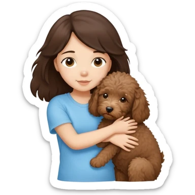 One girl with medium long dark brown hair dressing baby blue T-shirt, hugging One little brown coated labradoodle. sticker
