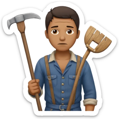 Emoji portrait of a male agricultural slave. He has a tired expression and wears rough clothes, holding a hoe over his shoulder. sticker