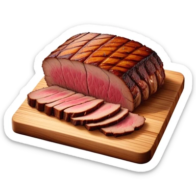 Cinematic smoked brisket, deep mahogany crust, perfectly sliced to reveal juicy marbled meat, warm smoky aroma, served on a wooden board, rich and flavorful, ultra-detailed and appetizing. sticker