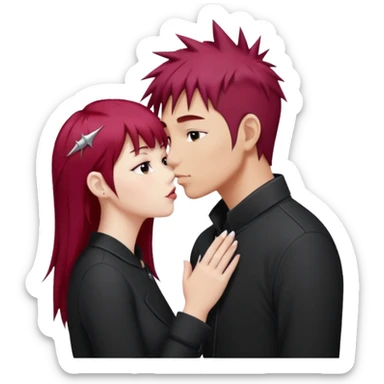 Asian Spiky short red hair  guy kissing white girl with long burgundy hair and bangs  sticker